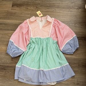 Colorful Striped Dress with Puff Sleeves